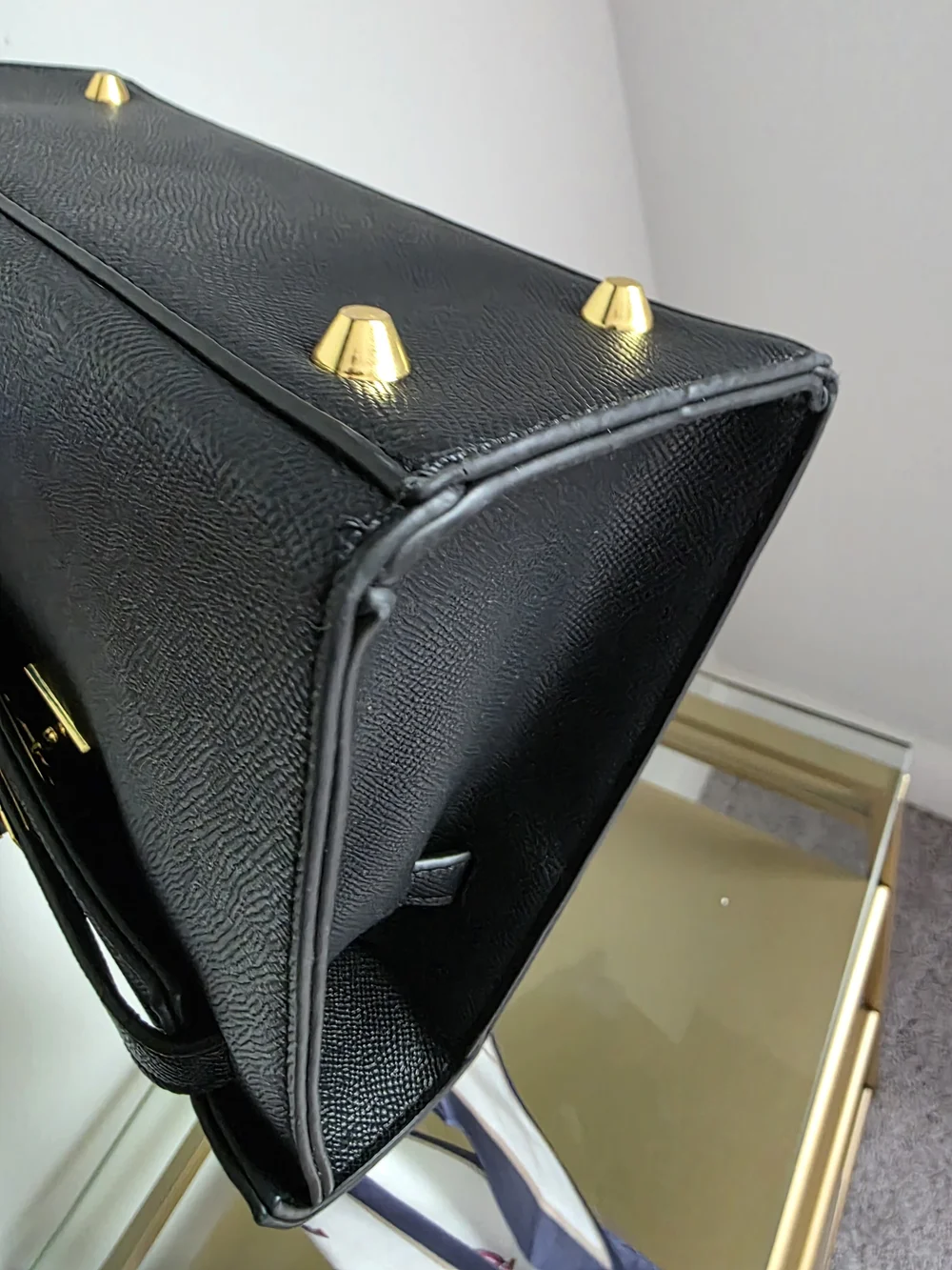 Black Leather Top-Handle Women's Bag with Gold Hardware